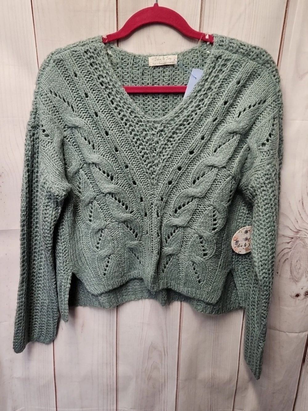 Textured V-Neck Cable Sweater in Sage Green